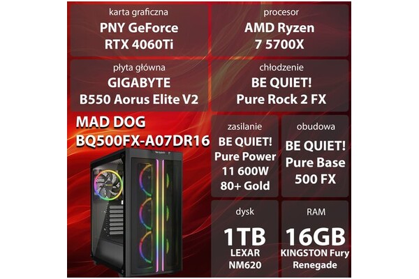 Mad Dog BQ500FX-A07DR16 AMD Ryzen 7 16GB DDR4 NVIDIA GeForce RTX 4060 Ti 16GB 1TB SSD brak