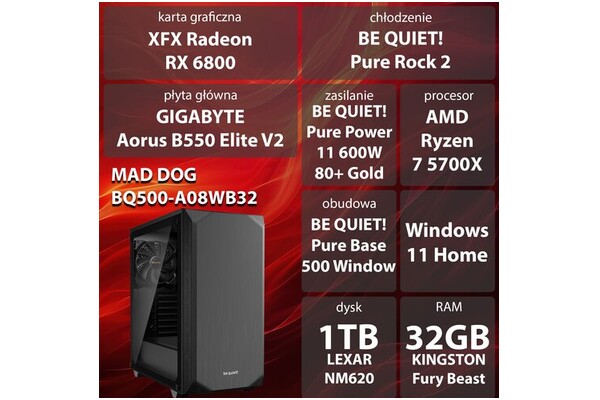 Mad Dog BQ500-A08WB32 AMD Ryzen 7 32GB DDR4 AMD Radeon RX 6800 16GB 1TB SSD Windows 11 Home