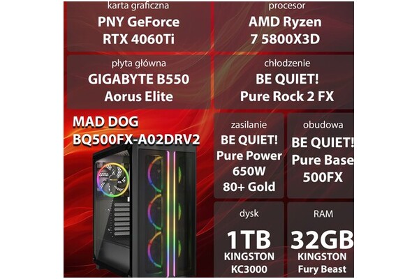 Mad Dog BQ500FX-A02DRV2 AMD Ryzen 7 32GB DDR4 NVIDIA GeForce RTX 4060 Ti 16GB 1TB SSD brak