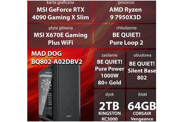 Mad Dog BQ802-A02DB AMD Ryzen 9 64GB DDR5 NVIDIA GeForce RTX 4090 24GB 2TB SSD brak