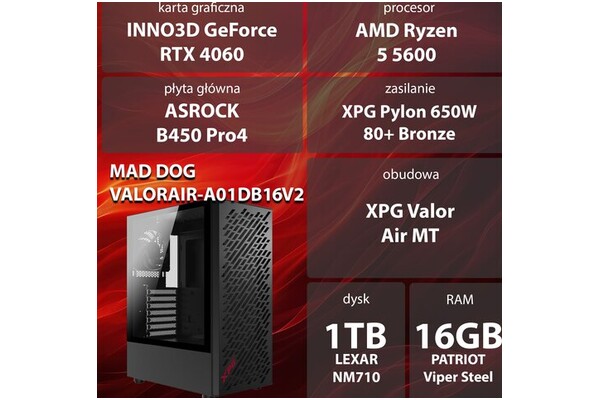 Mad Dog VALORAIR-A01DB16 AMD Ryzen 5 16GB DDR4 NVIDIA GeForce RTX 4060 8GB 1TB SSD brak
