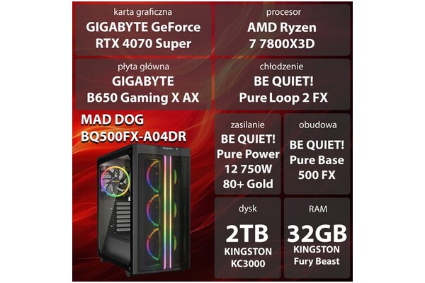 Mad Dog BQ500FX-A04DR AMD Ryzen 7 32GB DDR5 NVIDIA GeForce RTX 4070 Super 12GB 2TB SSD brak
