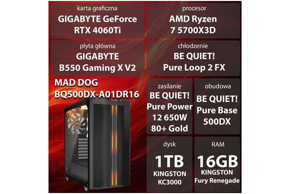 Mad Dog BQ500DX-A01DR16 AMD Ryzen 7 16GB DDR4 NVIDIA GeForce RTX 4060 Ti 16GB 1TB SSD brak
