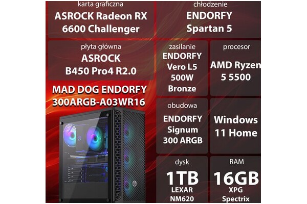 Mad Dog ENDORFY300ARGB-A03WR16 AMD Ryzen 5 16GB DDR4 AMD Radeon RX 6600 8GB 1TB SSD Windows 11 Home