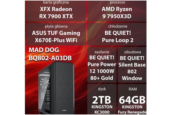 Mad Dog BQ802-A03DBV2 AMD Ryzen 9 64GB DDR5 AMD Radeon RX 7900 XTX 24GB 2TB SSD brak