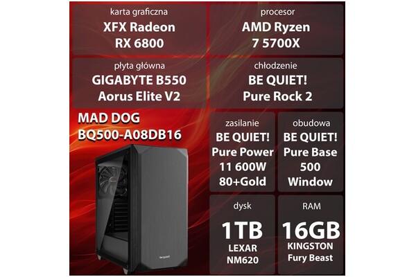 Mad Dog BQ500FX-A08DR16 AMD Ryzen 7 16GB DDR4 AMD Radeon RX 6800 16GB 1TB SSD brak