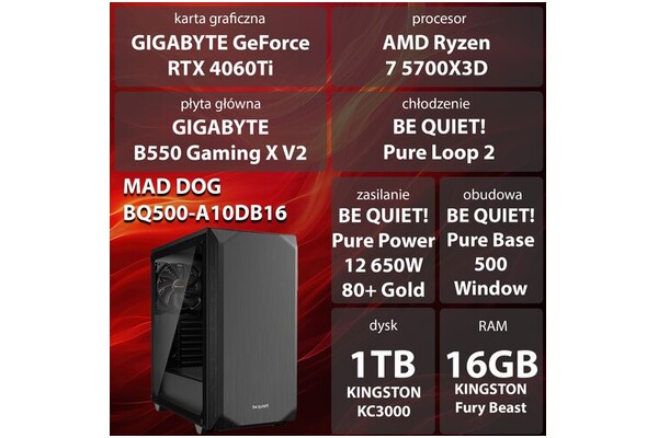 Mad Dog BQ500-A10DB16 AMD Ryzen 7 16GB DDR4 NVIDIA GeForce RTX 4060 Ti 16GB 1TB SSD brak
