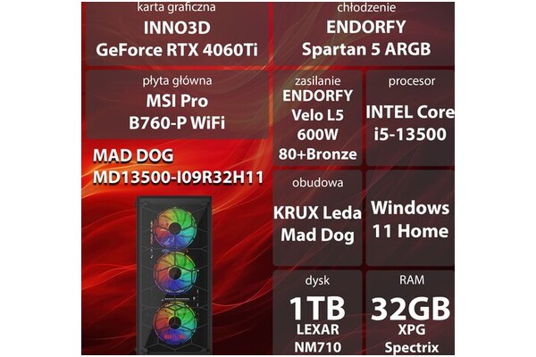 Mad Dog MD13500-I09R32H11 Intel Core i5 32GB DDR4 NVIDIA GeForce RTX 4060 Ti 8GB 1TB SSD Windows 11 Home