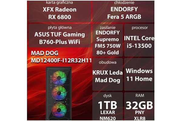 Mad Dog MD12400F-I12R32H11 Intel Core i5 32GB DDR4 AMD Radeon RX 6800 16GB 1TB SSD Windows 11 Home