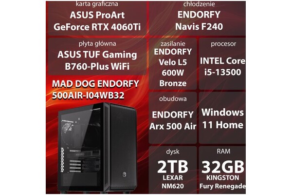 Mad Dog ENDORFY500AIR-I02WB32 Intel Core i5 32GB DDR4 NVIDIA GeForce RTX 4060 Ti 16GB 2TB SSD Windows 11 Home