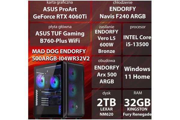 Mad Dog ENDORFY500ARGB-I04WR32 Intel Core i5 32GB DDR4 NVIDIA GeForce RTX 4060 Ti 16GB 2TB SSD Windows 11 Home