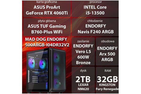 Mad Dog ENDORFY500ARGB-I04DR32V2 Intel Core i5 32GB DDR4 NVIDIA GeForce RTX 4060 Ti 16GB 2TB SSD brak