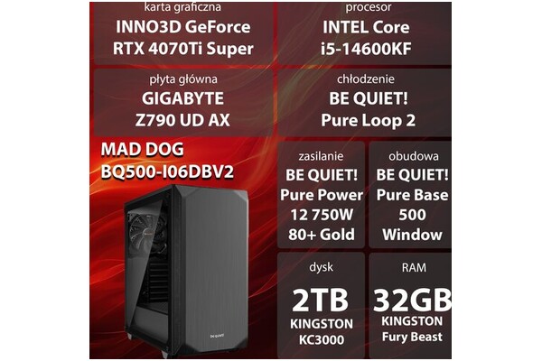 Mad Dog BQ500-I06DBV2 Intel Core i5 32GB DDR5 NVIDIA GeForce RTX 4070 Ti Super 16GB 2TB SSD brak