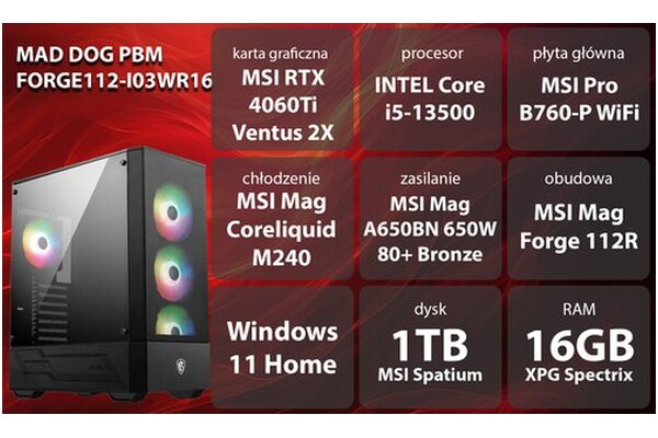 Mad Dog FORGE112-I03DR16 Intel Core i5 16GB DDR4 NVIDIA GeForce RTX 4060 Ti 16GB 1TB SSD Windows 11 Home