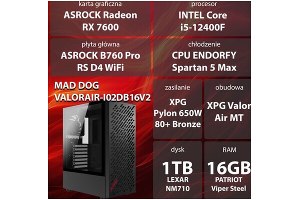Mad Dog VALORAIR-I02DB16 Intel Core i5 16GB DDR4 AMD Radeon RX 7600 8GB 1TB SSD brak