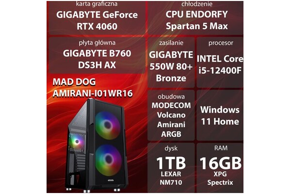 Mad Dog AMIRANI-I01WR16 Intel Core i5 16GB DDR4 NVIDIA GeForce RTX 4060 8GB 1TB SSD Windows 11 Home