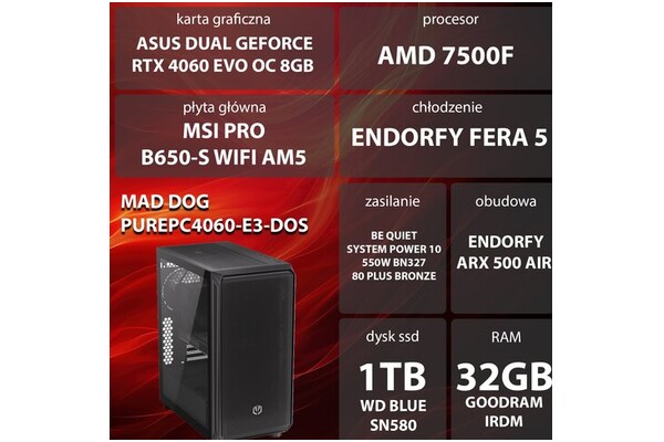 Mad Dog PUREPC4060-E3 AMD Ryzen 5 32GB DDR5 NVIDIA GeForce RTX 4060 8GB 1TB SSD brak