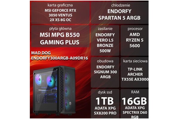 Mad Dog ENDORFY300ARGB-A11DR16 AMD Ryzen 5 16GB DDR4 NVIDIA GeForce RTX 3050 8GB 1TB SSD brak