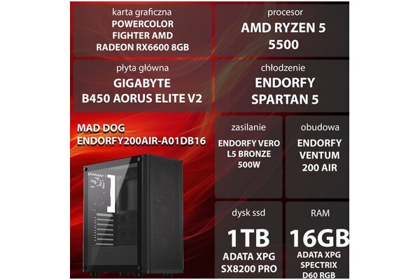 Mad Dog ENDORFY200AIR-A01DB16 AMD Ryzen 5 16GB DDR4 AMD Radeon RX 6600 8GB 1TB SSD brak