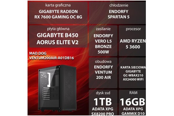 Mad Dog VENTUM200AIR-A01DB16 AMD Ryzen 5 16GB DDR4 AMD Radeon RX 7600 8GB 1TB SSD brak