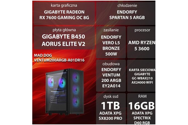 Mad Dog VENTUM200ARGB-A01DR16 AMD Ryzen 5 16GB DDR4 AMD Radeon RX 7600 8GB 1TB SSD brak