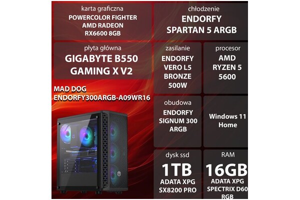 Mad Dog ENDORFY300ARGB-A09WR16 AMD Ryzen 5 16GB DDR4 AMD Radeon RX 6600 8GB 1TB SSD Windows 11 Home
