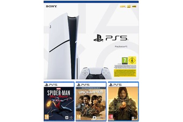 Konsola Sony PlayStation 5 Slim 1TB biały + Death Stranding, Kolekcja Uncharted, Spiderman Miles Morales
