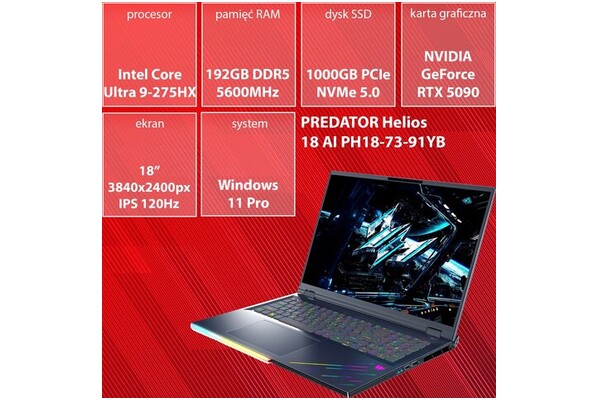Laptop ACER Predator Helios 18 18.0" Intel Core Ultra 9 275HX NVIDIA GeForce RTX 5090 192GB 1TB SSD Windows 11 Professional czarny