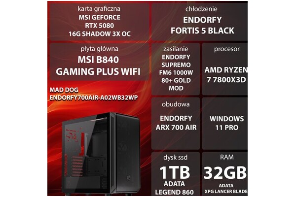 Mad Dog ENDORFY700AIR-A02WB32WP AMD Ryzen 7 32GB DDR5 NVIDIA GeForce RTX 5080 16GB 1TB SSD Windows 11 Professional