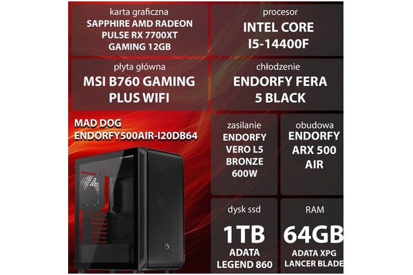 Mad Dog ENDORFY500AIR-I20DB64 Intel Core i5 64GB DDR5 AMD Radeon RX 7700 XT 12GB 1TB SSD brak