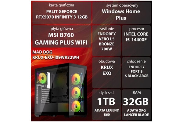 Mad Dog EXO-I09WR32WH Intel Core i5 32GB DDR5 NVIDIA GeForce RTX 5070 12GB 1TB SSD Windows 11 Home