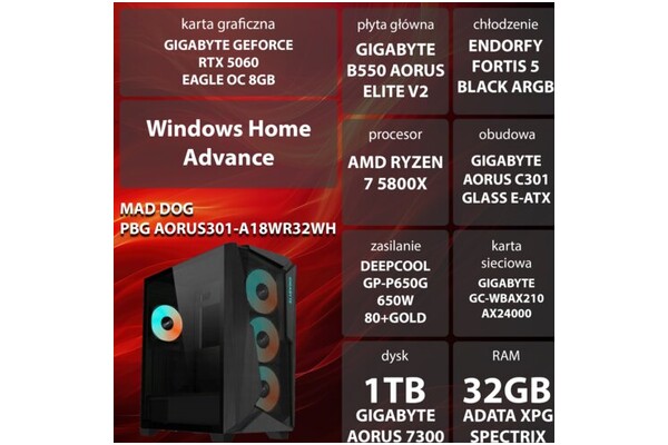 Mad Dog AORUS301-A18WR32WH AMD Ryzen 7 32GB DDR4 Nvidia GeForce RTX 5060 8GB 1TB SSD Windows 11 Home
