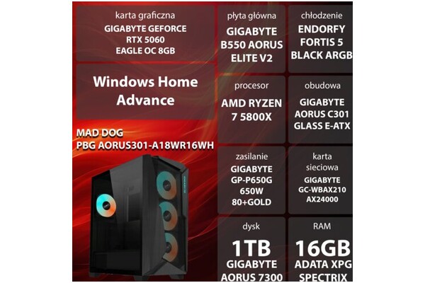 Mad Dog AORUS301-A18WR16WH AMD Ryzen 7 16GB DDR4 Nvidia GeForce RTX 5060 8GB 1TB SSD Windows 11 Home