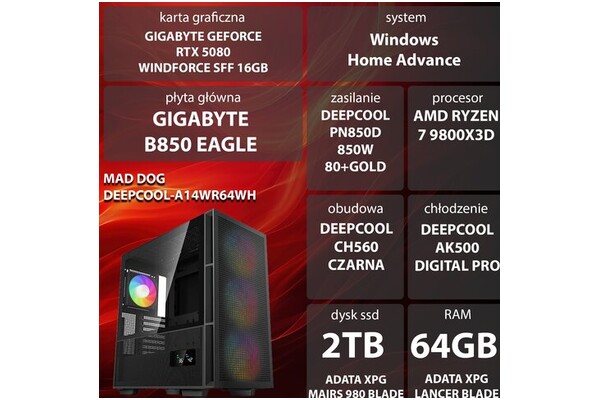 Mad Dog DEEPCOOL-A14WR64WH AMD Ryzen 7 64GB DDR5 NVIDIA GeForce RTX 5080 16GB 2TB SSD Windows 11 Home