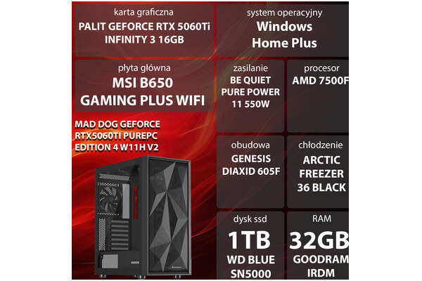 Mad Dog RTX5060Ti AMD Ryzen 5 32GB DDR5 NVIDIA GeForce RTX 5060 Ti 16GB 1TB SSD Windows 11 Home
