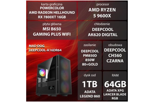 Mad Dog DEEPCOOL-A16DR64 AMD Ryzen 5 64GB DDR5 AMD Radeon RX 7800 XT 16GB 1TB SSD brak