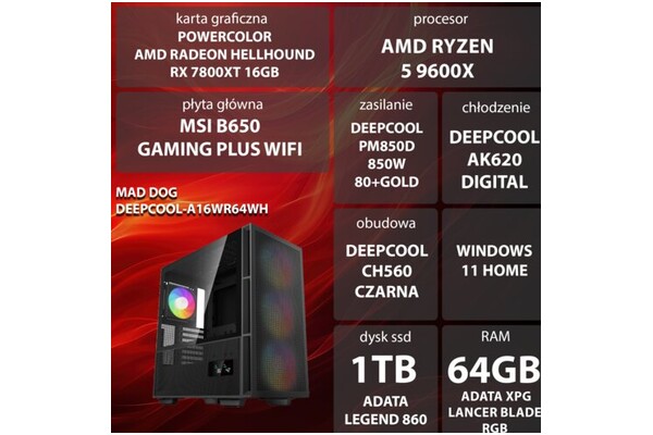 Mad Dog DEEPCOOL-A16WR64WH AMD Ryzen 5 64GB DDR5 AMD Radeon RX 7800 XT 16GB 1TB SSD Windows 11 Home