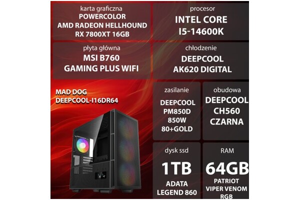 Mad Dog DEEPCOOL-I16DR64 Intel Core i5 64GB DDR5 AMD Radeon RX 7800 XT 16GB 1TB SSD brak