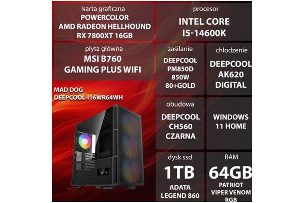 Mad Dog DEEPCOOL-I16WR64WH Intel Core i5 64GB DDR5 AMD Radeon RX 7800 XT 16GB 1TB SSD Windows 11 Home