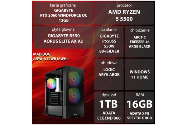 Mad Dog ARYA-A12WR16WH AMD Ryzen 5 16GB DDR4 NVIDIA GeForce RTX 3060 12GB 1TB SSD Windows 11 Home