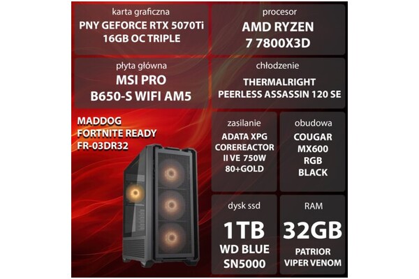 Mad Dog R7-7800X3D AMD Ryzen 7 32GB DDR5 NVIDIA GeForce RTX 5070 Ti 16GB 1TB SSD brak