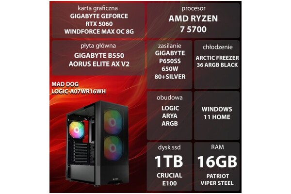 Mad Dog LOGIC-A07WR16WH AMD Ryzen 7 16GB DDR4 Nvidia GeForce RTX 5060 8GB 1TB SSD Windows 11 Home