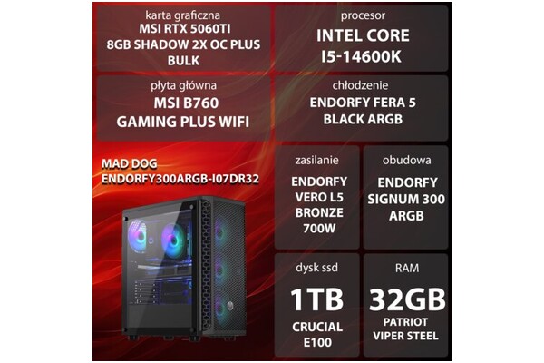 Mad Dog ENDORFY300ARGB-I07DR32 Intel Core i5 32GB DDR4 NVIDIA GeForce RTX 5060 Ti 1TB SSD brak