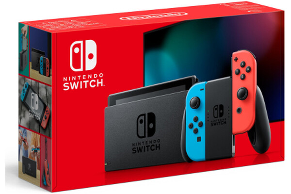 Konsola Nintendo Switch 32GB Czerwono-niebieski + Lewy i prawy kontroler Joy-ConAdapter ACKabel HDMIUchwyt Joy-ConPaski na rękę Joy-Con