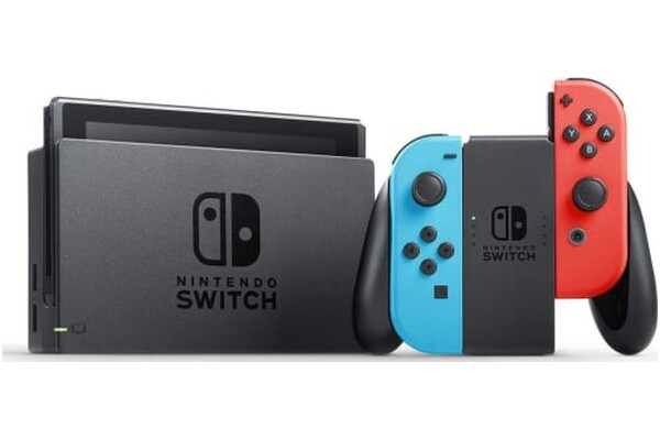 Konsola Nintendo Switch 32GB Czerwono-niebieski + Lewy i prawy kontroler Joy-ConAdapter ACKabel HDMIUchwyt Joy-ConPaski na rękę Joy-Con