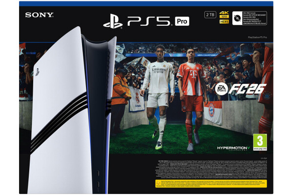 Konsola Sony PlayStation 5 Pro 2TB biało-czarny + ASTROs PlayroomEA Sports FC 26 + Pad bezprzewodowy DualSenseKabel USBKabel zasilającyKabel HDMI (zgodny ze standardem 4K)Dwie stopki podstawy poziomej