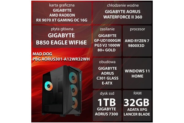 Mad Dog MADDOGPOWEREDBYGIGABYTEAORUS301-A12WR32WH AMD Ryzen 7 32GB DDR5 AMD Radeon RX 9070 XT 16GB 1TB SSD Windows 11 Home