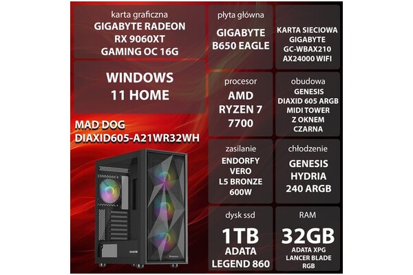 Mad Dog MADDOGDIAXID605-A21WR32WH AMD Ryzen 7 32GB DDR5 AMD Radeon RX 9060 XT 16GB 1TB SSD Windows 11 Home