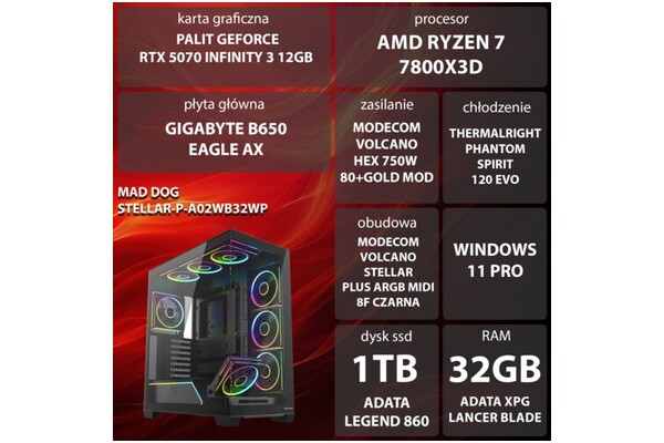 Mad Dog P-A02WB32WP AMD Ryzen 7 32GB DDR5 NVIDIA GeForce RTX 5070 12GB 1TB SSD Windows 11 Professional