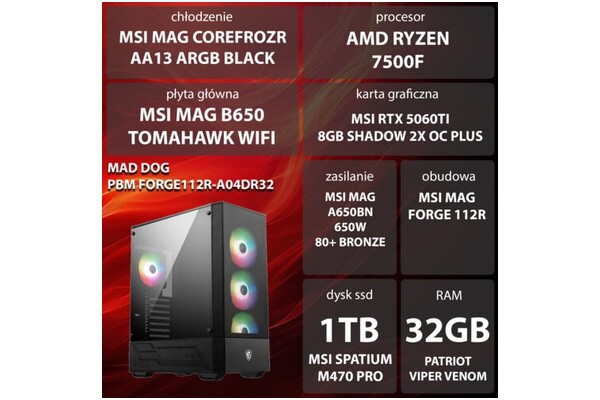 Mad Dog FORGE112R-A04DR32 AMD Ryzen 5 32GB DDR5 NVIDIA GeForce RTX 5060 Ti 8GB 1TB SSD brak